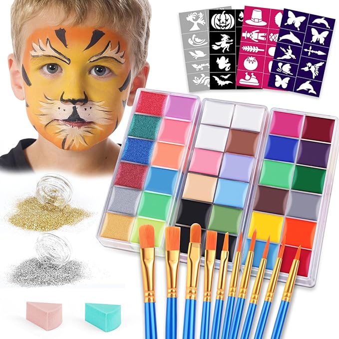 VESPRO Face Painting Kit For Kids Party,32 Colors Professional Oil Face&Body Paint Kit with 10 Brushes 4 Reusable Face Stencils,2 Glitters and 2 Sponges for Kids and Adults Halloween Makeup