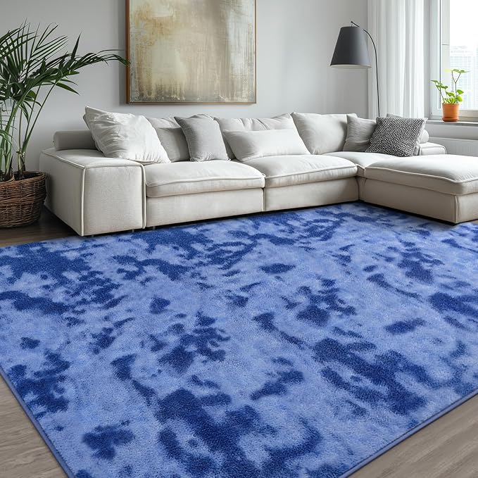 Kimicole 6x9 Washable Area Rugs for Living Room Bedroom, Large Low Pile Ulta-Thin Solid Color Rug, Non-Slip Soft Fluffy Carpet for Nursery Kids Room Dorm Room Home Decor (Blue)