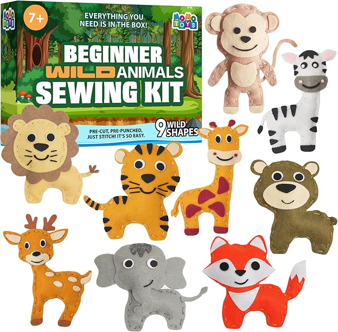MOMOTOYS Wild Animals Beginner Sewing Kit for Kids Ages 7+ – Includes 9 Kids Sewing Projects with Tools & Art Supplies – DIY Felt Crafts for Girls & Boys – Gifts for 7, 8, 9, 10, 11, 12 Year Old