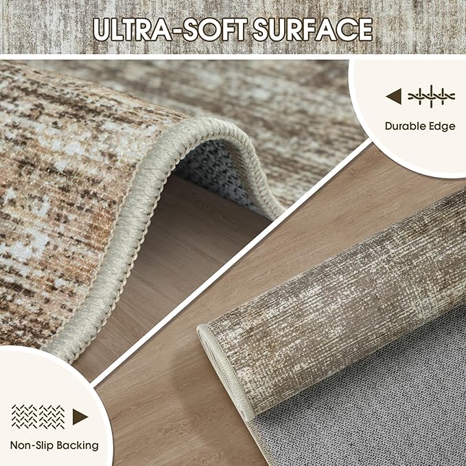 Runner Rug 2'6''x8' Kitchen Runner Rug: Modern Abstract Washable Area Rug with Non-Slip Backing, Thin Long Carpet Runner for Hallway, Bedroom, Laundry Room-Brown