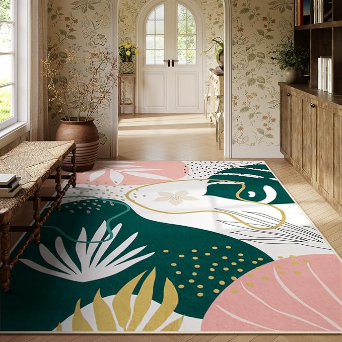 Lahome Washable 8x10 Rug - Non-Slip Living Room Rugs 8x10 Ultra-Thin Large Soft Bedroom Rugs, Boho Botanical Print Indoor Stain Resistant Floor Rug for Dining Room Table Office (8'x10',Green/Pink)