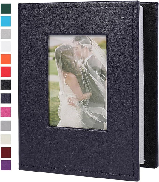 RECUTMS Small Photo Album 4x6 52 Photos, Leather Cover Mini Photo Book with Front Window Holds 52 Vertical Photos, for Artwork or Postcards Storage Wedding Family Baby Vacation(Dark Blue)