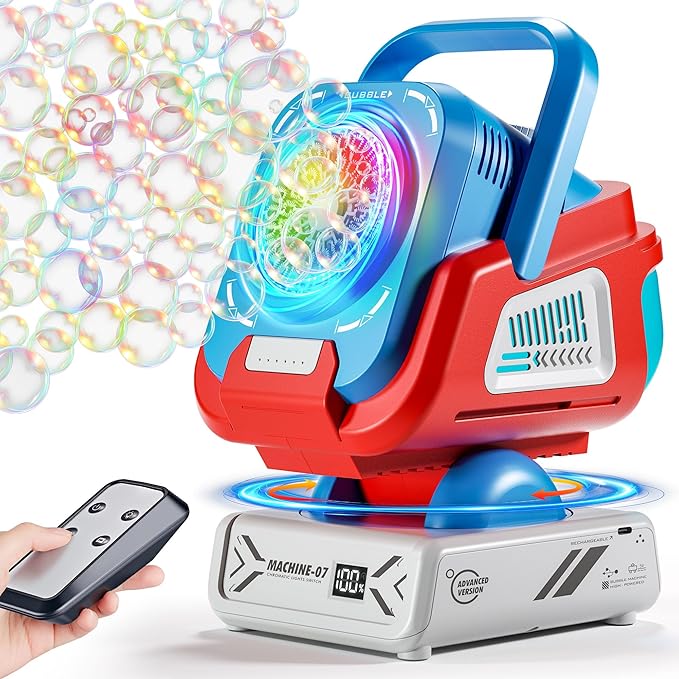 2025 Upgraded Bubble Machine with Remote Control, Automatic Rotation & RGB Lights, 1800mAh Rechargeable Battery, Type-C Charge, Bubble Maker for Kids, Weddings, Birthday Parties, Outdoor Activities