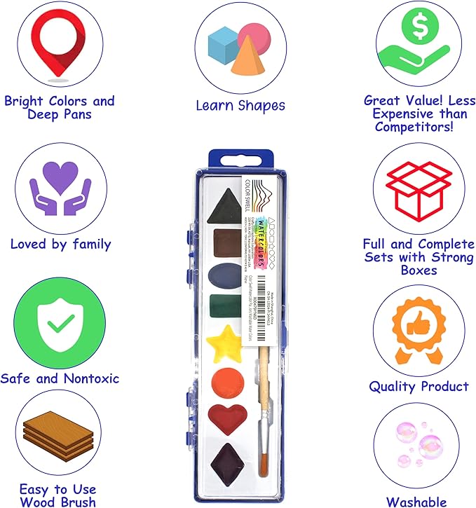 Color Swell Bulk Watercolor Paint Set – 18-Pack with 8 Washable Colors & Shape Learning Tools – Includes Strong Wood Brushes for Kids