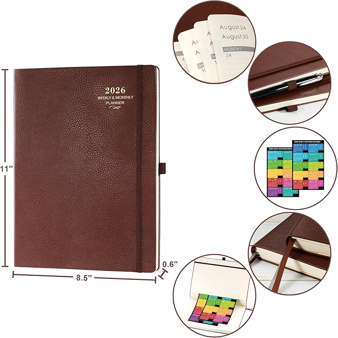 2026 Planner - JAN 2026 - DEC 2026, Planner 2026, Weekly and Monthly Planner, Leather Cover Calendar Planner with Thick Paper, Back Pocket with Notes Pages, Brown (8.5" x 11")