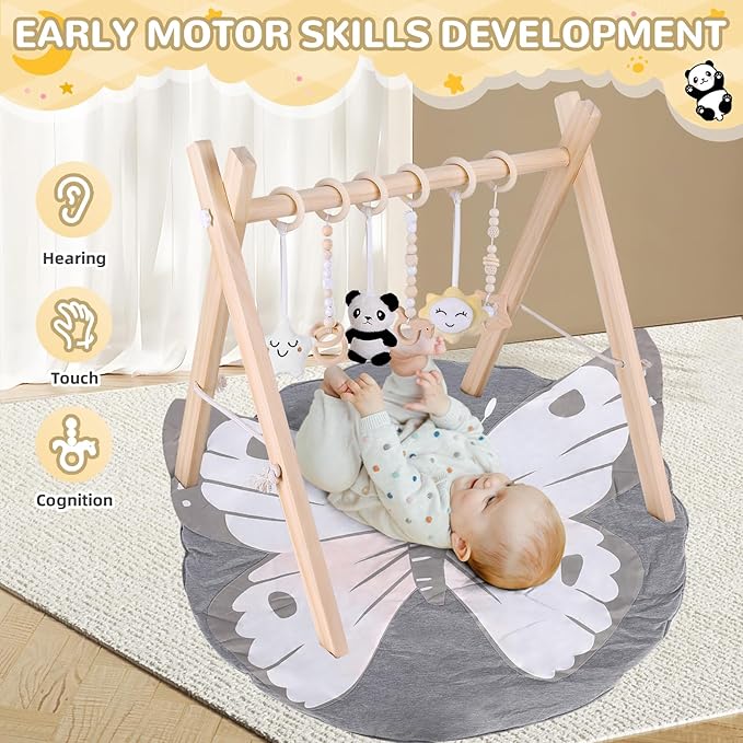Wooden Baby Play Gym with Mat, Foldable Baby Activity Gyms with 6 Sensory Hanging Panda Toys, Tummy Time Baby Infant Toys (Butterfly)