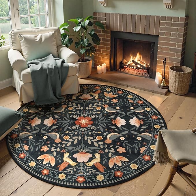 Moynesa Washable Round Rug 6ft, Ultra Thin Circle Living Room Area Rug Non Slip, Low Pile Soft Indoor Boho Bird 6'x6' Black Large Throw Carpet for Dining Room Under Table Office Bedroom