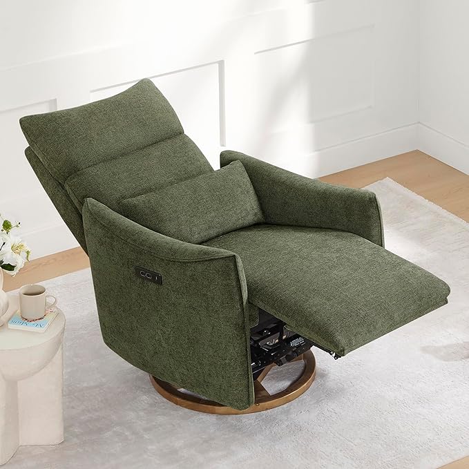 CHITA Swivel Rocker Recliner Chair, Power Nursery Glider Recliner, Nursery Rocking Chair with Adjustable Power Headrest, FSC Certified, Solid Wood Base, Moss Green
