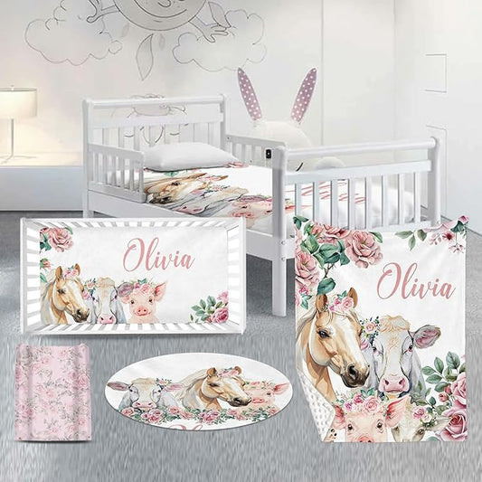 Custom Nursery Crib Bedding Set: Personalized Name 4 Piece Flower Horse Design Baby Crib Sets for Girls - Toddler Double Layer Blanket Set, Comfortable Crib Bed Sheets for Baby Toddlers