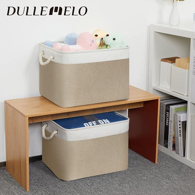 DULLEMELO Storage Baskets Large 16"x12"x12" Tall Rectangular Baskets Fabric Storage Bins for Organizing, Collapsible Shelf Baskets Boxes for Closet, Clothes, Toys (2 Pack,White&Khaki)