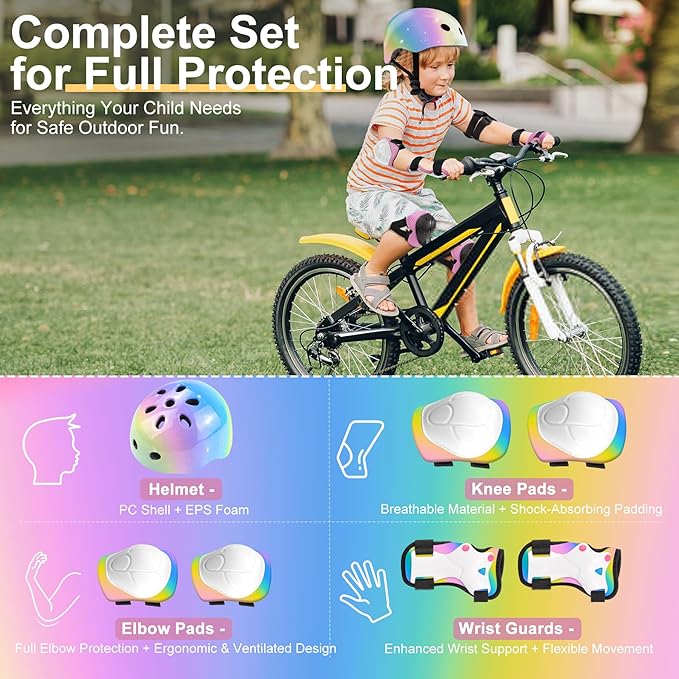 Vvinca Kids Toddlers Bike Helmet Adjustable for Ages 3-5-8 Years, Knee Pads and Elbow Pads Set Wrist Guard Sports Protective Gear Set for Roller Skate Bicycle Skateboard Scooter Girl Boy Birthday Gift
