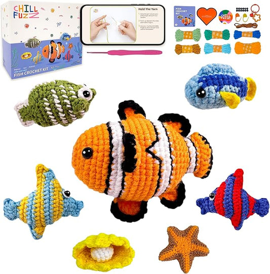 ChillFuzz Animal Crochet Kit Beginner Crochet Kit for Adults and Kids with Yarn Hook and Instructions Creative DIY Craft Project Aquarium