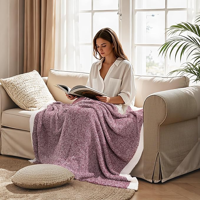 NEXHOME PRO Soft Throw Blankets for Couch, Reversible Warm Blankets Cozy Knit Blanket for Women, Fuzzy Plush Lightweight Throws for Sofa, Bed, Picnic, Wine 50 x 60 inches