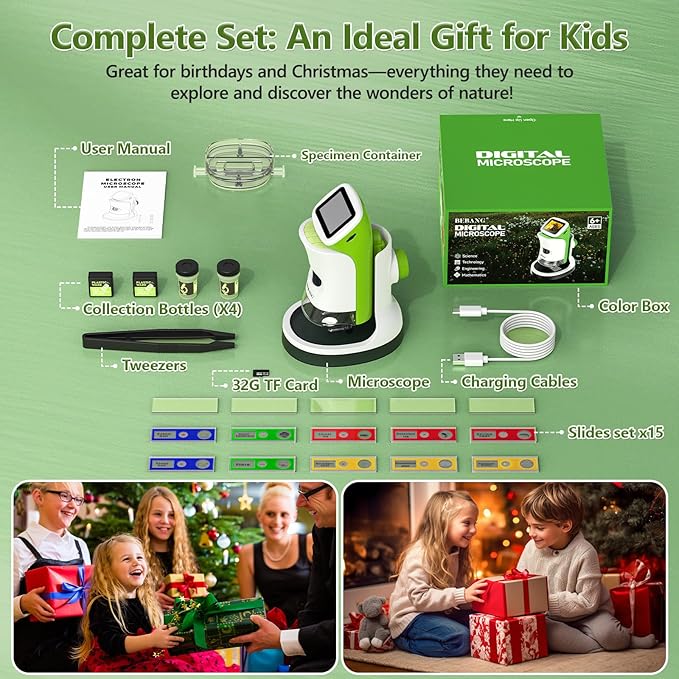 Detachable Kids Handheld Microscope Miniscope - 4K 2.0" HD Screen, 1000X Digital Pocket Toy Microscopes for Boys & Girls Ages 4-12 - Portable Science Stem Kit with Slides Set, 32G Card & EVA Case