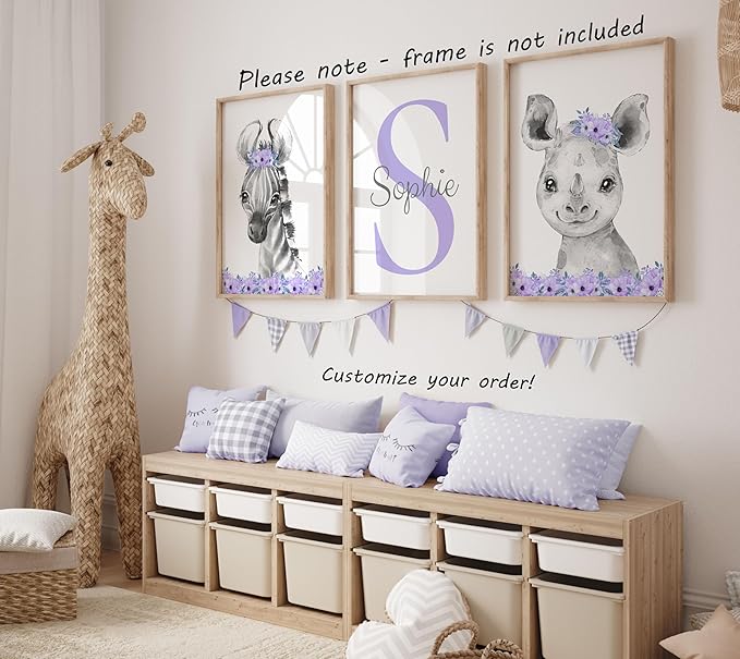 Safari Animals Girls Nursery Bedroom Unframed Set of 3 Poster Prints, Personalized Name Pink or Purple Flowers Wall Art Decor New Baby Gift Present, Elephant Giraffe Panda Zebra Lion (9x12)