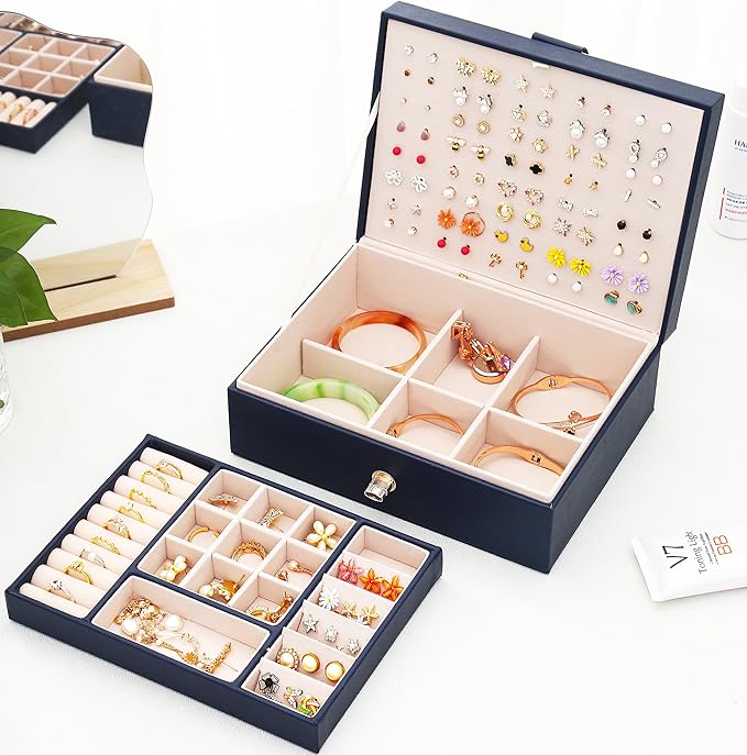 Womens Earring Jewelry Box for Girls Jewelry Earring Organizer Box Earring Holder Organizer for Girls Jewelry Organizer Earring Boxes for Women Girls Stud Earring Organizer Jewelry Box Navy
