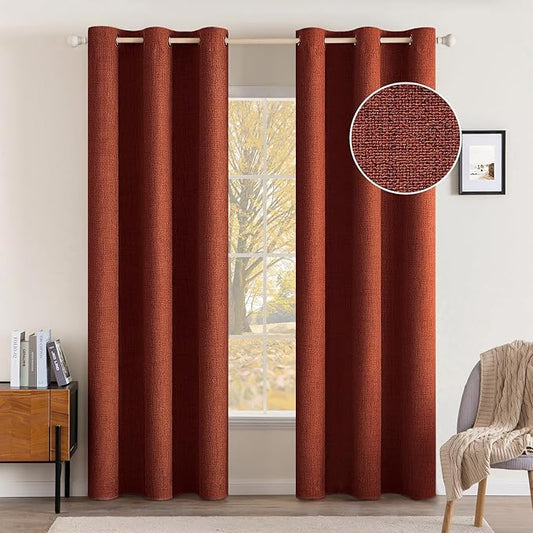 MIULEE 100% Blackout Linen Curtains Thermal Insulated Burnt Orange Fall Curtains Grommet Room Darkening for Living Room Bedroom Nursery Rust Terracotta 42 x 84 (2 Panels)
