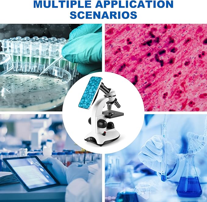 Microscope for Adults and Kids, Science School Laboratory Home Education Biology, 40-2000X High Definition,Easy to Operate,with Phone Holder 10 Specimen Slides 100 Coverslips and Bag for Student