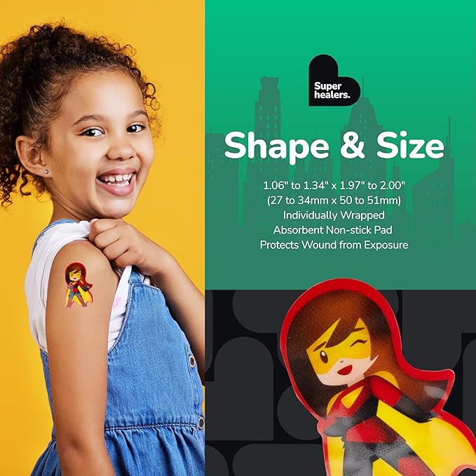 BioSwiss Bandages, Super Healers Superhero Shaped Self Adhesive Bandage, Latex Free Sterile Wound Care, Fun First Aid Kit Supplies for Kids and Adults, 24 Count