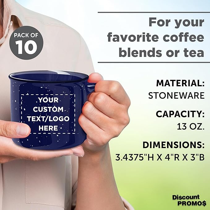 DISCOUNT PROMOS Custom Ceramic Campfire Coffee Mugs 13 oz. Set of 10, Personalized Bulk Pack - Perfect for Tea, Espresso, Cappuccino, Hot Cocoa - Blue