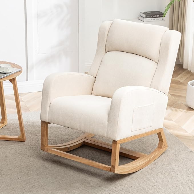 Rocking Chair Nursery, Nursing Rocking Chairs for Mom Nursery, Comfy Wingback Glider Rocking Armchair with Foot Rest and Side Pocket for Nursery Living Room Bedroom, Beige