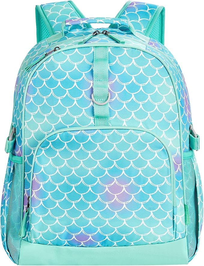 Choco Mocha Mermaid Backpack for Girls, Elementary School Backpack for Girls Ages 6-8 Kids Kindergarten Backpack Bookbag 17 Inch with Chest Strap, Green
