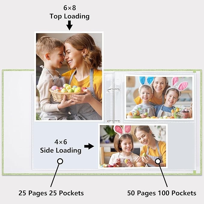 Vienrose Linen 3-Ring Photo Album Holds 250 Photos, 200 4x6 Photos and 50 6x8 Pictures, Picture Album with Multiple Size Pockets, Memory Book for Family Wedding Anniversary Baby, Green