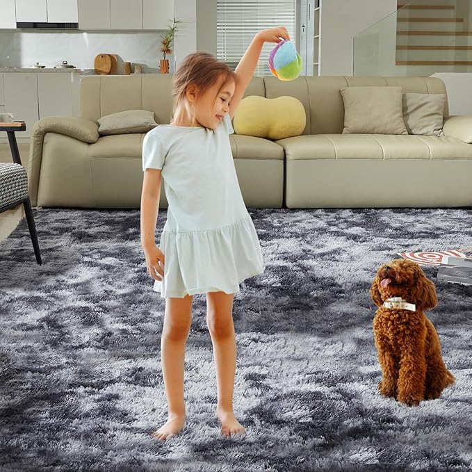 Ultra Soft Rug for Living Room, 8X10 Fluffy Shag Area Rug for Bedroom, Modern Shaggy Carpet Fuzzy Rug for Teens Dorm Nursery Home Decor Aesthetic, Upgrade Anti-Skid Durable, Tie Dye Black and Grey