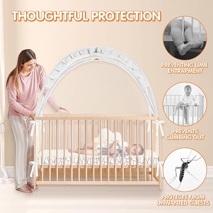 Crib Tent to Keep Baby from Climbing Out - Crib Net to Keep Baby in - Pop Up Breathable Cribs Cover - Canopy with Upgrade Strong Mesh and Durable Zipper (White - Lines, Lager)