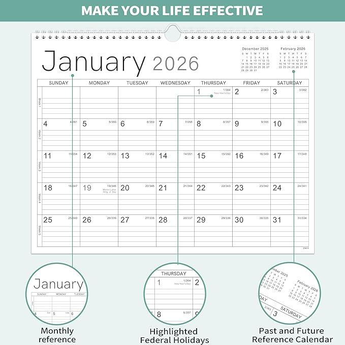 2026 Wall Calendar - 2026 Calendar from Jan. 2026 - Dec. 2026, 14.6" x 11.4", 12 Months Wall Calendar 2026, Thick Paper, Twin-Wire Binding, Simple Design