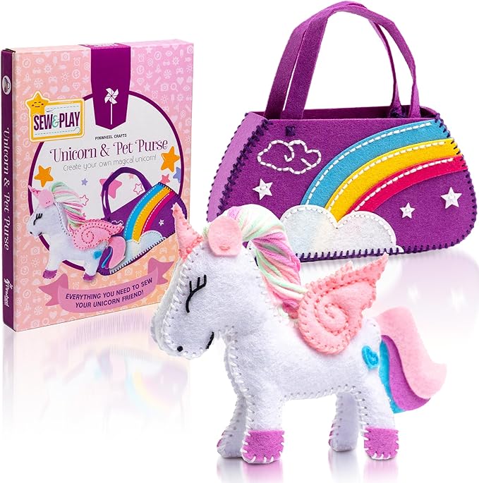 Pinwheel Crafts Beginner Sewing Kit for Kids Ages 5 6 7 8-12+ - Make Your Own Unicorn Purse Kids Sewing Kit - Play & Learn to Sew Craft Box, Girls & Boys Birthday Gifts