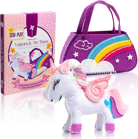 Pinwheel Crafts Beginner Sewing Kit for Kids Ages 5 6 7 8-12+ - Make Your Own Unicorn Purse Kids Sewing Kit - Play & Learn to Sew Craft Box, Girls & Boys Birthday Gifts