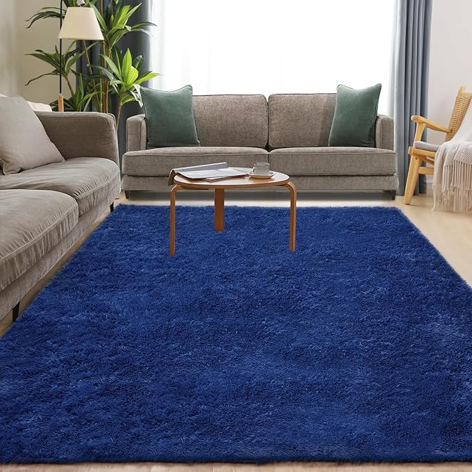 Soft 8x10 Blue Rug, Fluffy Area Rugs for Living Room, Plush Navy Area Rugs for Bedroom, Non-Slip Indoor Carpet for Nursery, Study Room, Kids Room, Room Decor