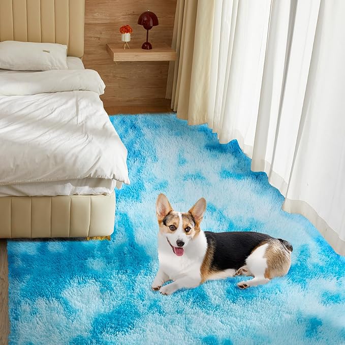 Ultra Soft Rug for Living Room, 8X10 Fluffy Shag Area Rug for Bedroom, Modern Shaggy Carpets Fuzzy Rug for Teens Dorm Nursery Home Decor Aesthetic, Upgrade Anti-Skid Durable, Tie-Dyed Blue