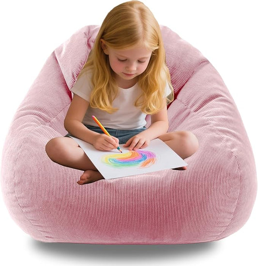 3FT Memory Foam Bean Bag Chairs for Teens or Kids with Filling Bean Bag Sofa with Handle Super Soft Washable Corduroy Fabric Lazy Sofa 3 Foot Pink