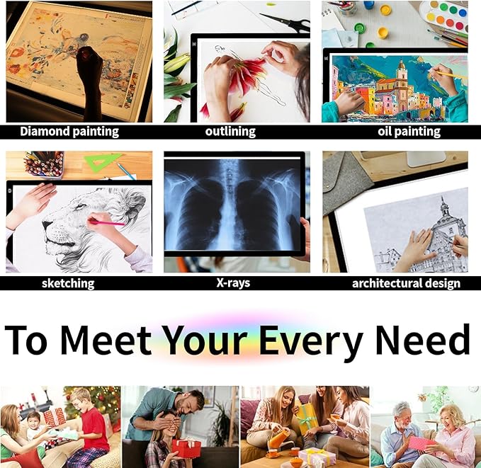 YINGWOND A2 Light Pad for Diamond Painting with Fixed Charging Cord, 3 Levels of Brightness, Big Paper Clamps and 12V Adapter, Uniformly Illuminated Light Board for Tracing Drawing and Weeding Vinyl