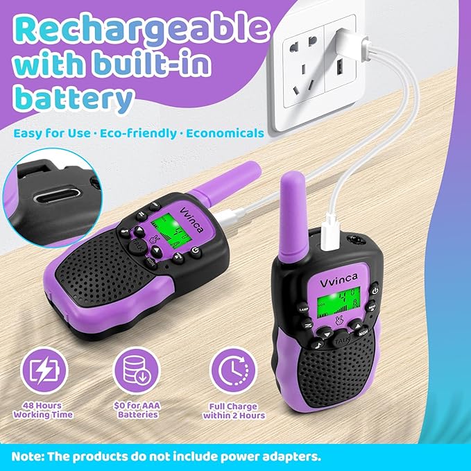Vvinca Walkie Talkies for Kids, Rechargeable Walkie Talkie 2 Pack Toy Gift for 3-12 Year Old Girl Boy with 22 Channel 2 Way Radio Flashlight 3 Mile Long Range for Adventure Game Camping Outdoor