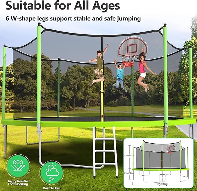 Upgraded 16FT 15FT 14FT 12FT 10FT 8FT Trampoline Outdoor with Basketball Hoop and Net, Capacity for 4-6 Kids and Adults