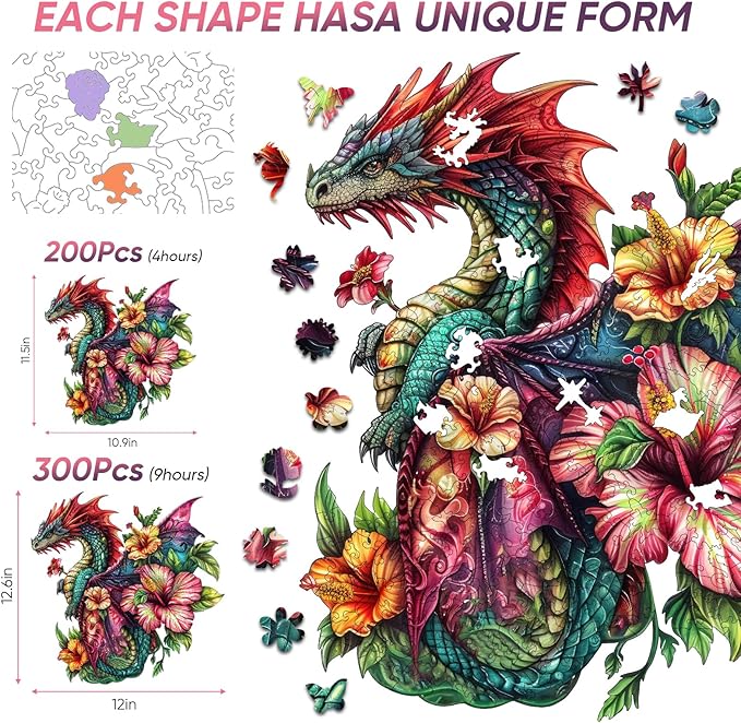 Wooden Puzzles for Adults, Dragon Puzzle Challenge Jigsaw Puzzles 300 Piece (Royal,12.62 in) Thickened Unique Shapes Family Reunion Puzzle, Best Gift for Adults and Kids, Family Game