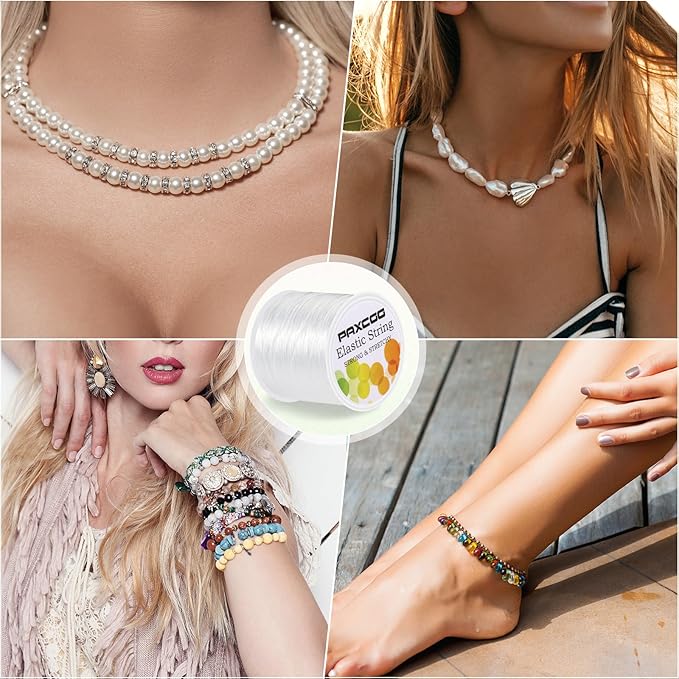 PAXCOO 4 Rolls Elastic String for Bracelets, Stretch Magic Elastic String Bead Cord Jewelry Thread for Bracelet, Necklaces, Clay Beads, Pony Beads (White)