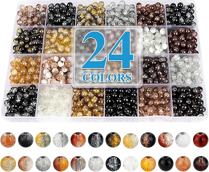 XSEINO About 1200PCS 6mm Crack Glass Beads,24 Assorted Crack Earthtone Blackwhite Series Colorful Crystal Beads for Bracelet and Jewelry Making and DIY Crafts,Friendship Bracelets