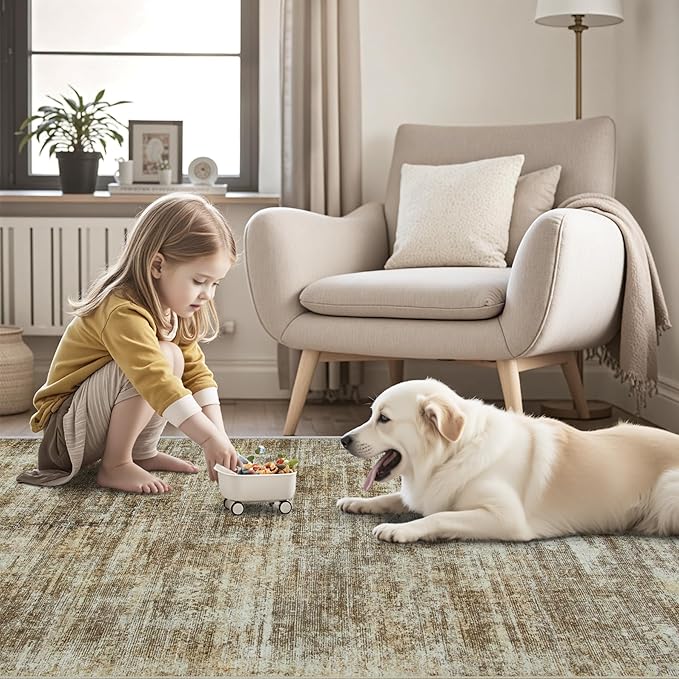 Area Rug 5x7 Living Room Rugs: Abstract Large Washable Rugs with Non-Slip Backing, Thin Carpet for Dining Room Table Bedroom Nursery Indoor Home Office-Brown