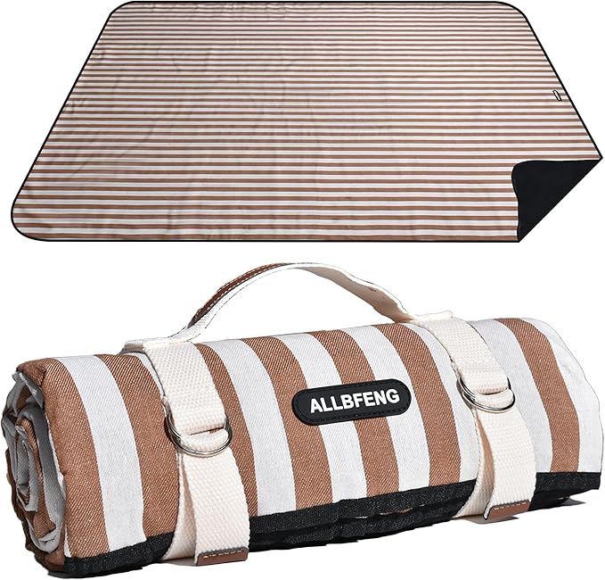 Striped Picnic Blanket Waterproof & Sand Proof, 5-Layer Beach Blanket Portable with Carry Strap, Extra Large Foldable Picnic Rug Machine Washable for Camping Party,Wet Grass,Kids Playground