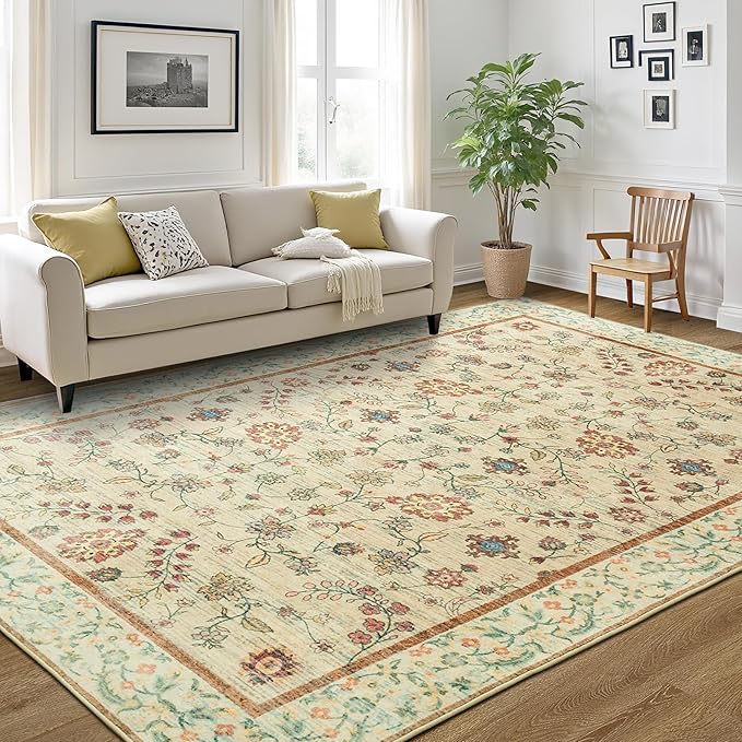 LOCHAS Washable Area Rugs 5x7, Beige Floral Rug for Living Room Bedroom Non Slip, Ultra Soft Vintage Indoor Carpet for Kids, Nursery, Dorm, Dining Room, Classroom, Boho Flower Home Decor, Low-Pile