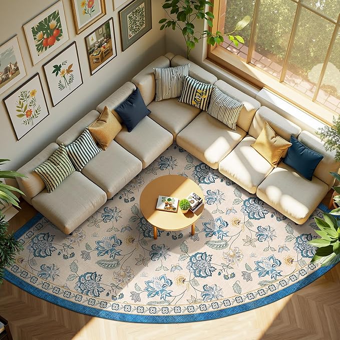 jinchan Floral Corner Rug for Living Room Washable Bedroom Rug Vintage Romance Design Non Slip Quarter Circle Lightweight Low-Pile Throw Carpet for Reading Nook Playroom,7ft Radius, Blue/Beige