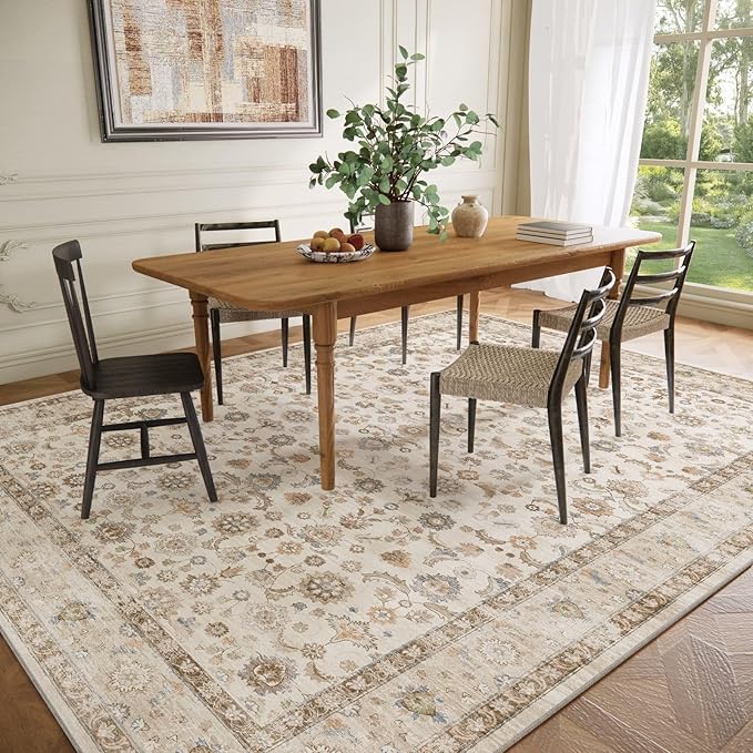 Washable Area Rugs for Living Room: 8x10 Bedroom Rug Boho Vintage Area Rug Stain Resistant Non Slip Low Pile Lightweight Soft Carpets for Dining Room Kitchen Nursery Kids Room Playroom Home Office