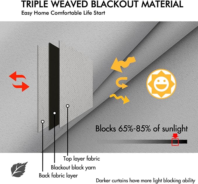 ANRODUO Back Tab Blackout Curtains for Bedroom Living Room, Rod Pocket Pinch Pleated Thermal Insulated Room Darkening Curtains 72 Inches Long 2 Panels, Light Grey, 42 x 72 Inch