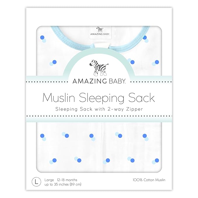 Amazing Baby Cotton Muslin Sleeping Sack, For Baby Boy or Girl, Wearable Blanket with 2-way Zipper, Dots, Blue, Small (0-6 Month)