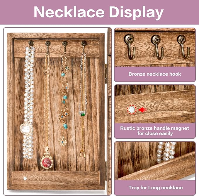 Meangood Jewelry Box Wood for Women, 5-Layer Large Organizer Box with Mirror & 4 Drawers for Rings, Earrings, Necklaces, Vintage Style, Torched Wood