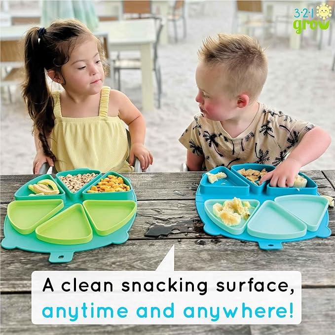 Silicone On-The-Go Snack Mat – Foldable Reusable Placemat with 3 Compartments and Lids – Travel-Friendly Baby and Toddler Snack Plate – Dishwasher Safe (Ocean)